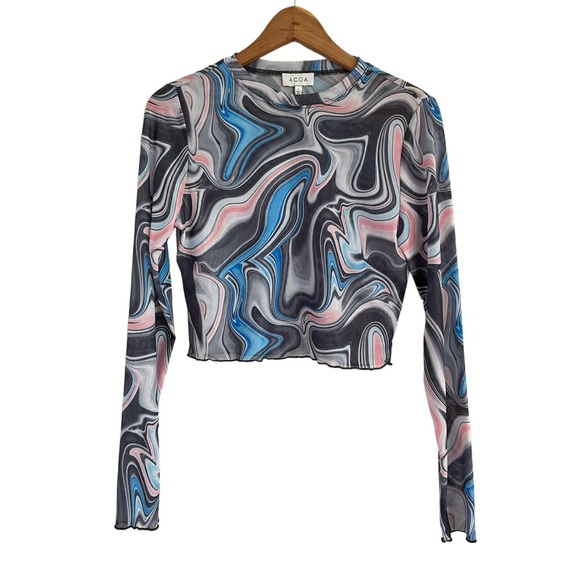 ACOA Long Sleeve Semi-Sheer Swirl Crop Top Shirt Blue Gray Size Large - Picture 8 of 8